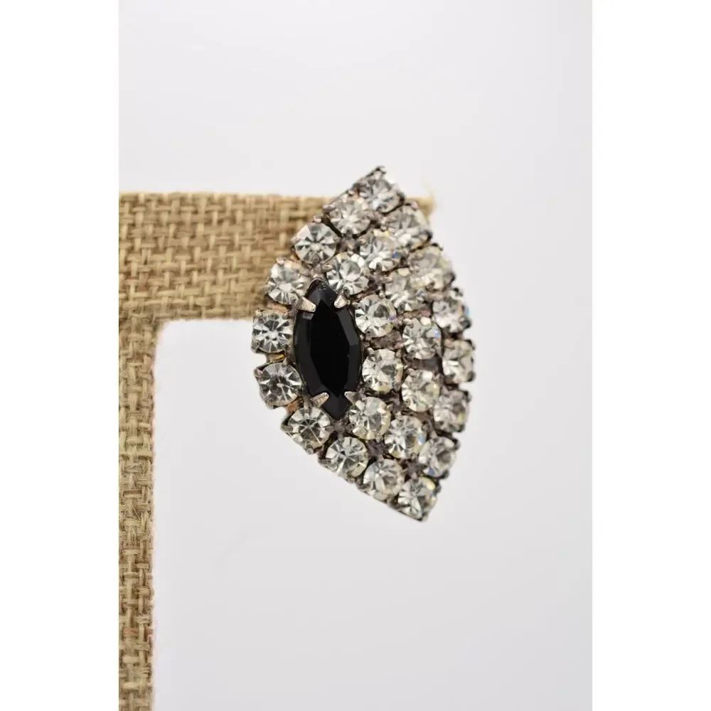 Vintage Crystal Earrings Black Marquise Prong Rhinestone Sparkling 1980s 9D